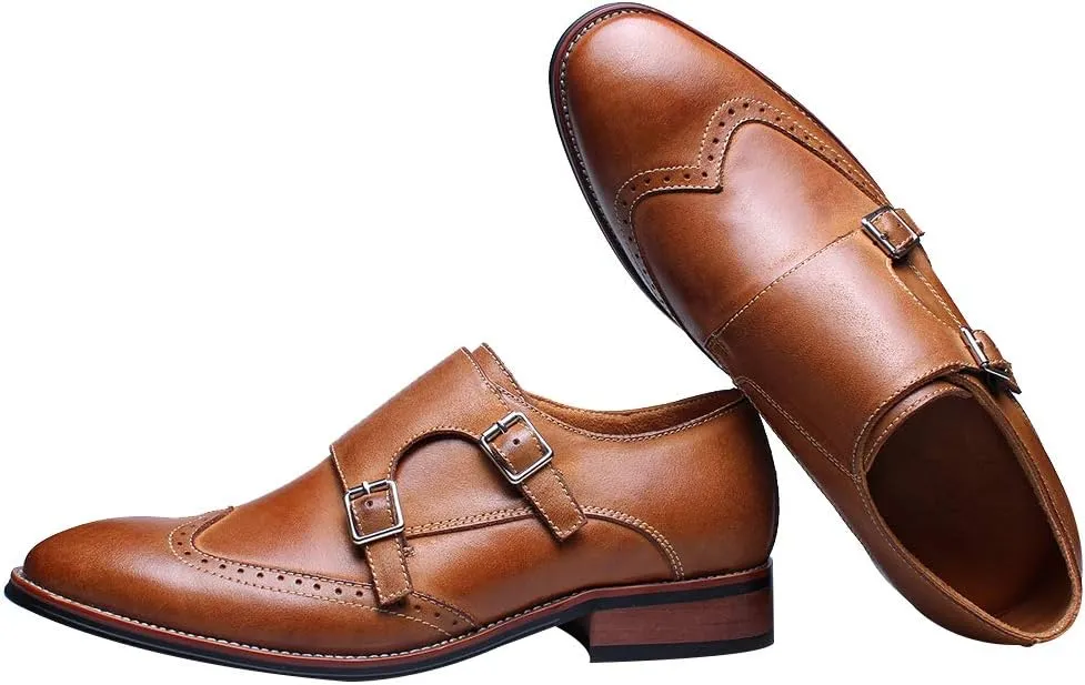 Men's Smart Monk Brogues Genuine Leather Wooden Heel Formal Dress Shoes