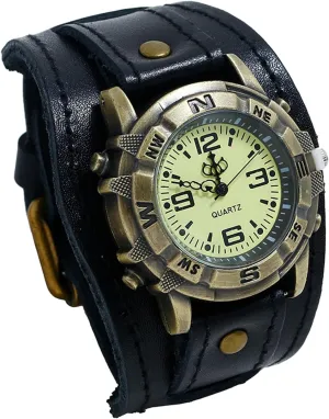 Mens Steampunk Retro Genuine Leather Replaceable Watch Military Japan Quartz Hip-hop Gothic Wide Bracelet Cuff Big Black Dial Sport Wrist Watches Costume Watch for Halloween