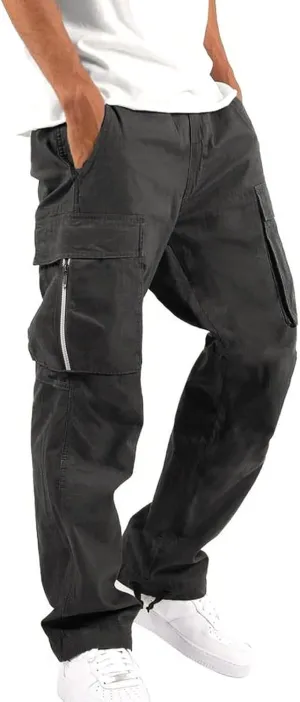 Mens Sweatpants Pants Solid Color Track Cuff Lace up Workout Pants with Pocket Trousers with Zipper Pockets