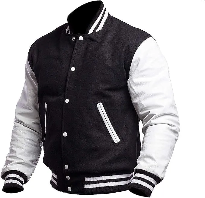 Men's Varsity Jacket Genuine Leather Sleeve Wool Blend Letterman Jacket - High School Baseball Bomber Jackets