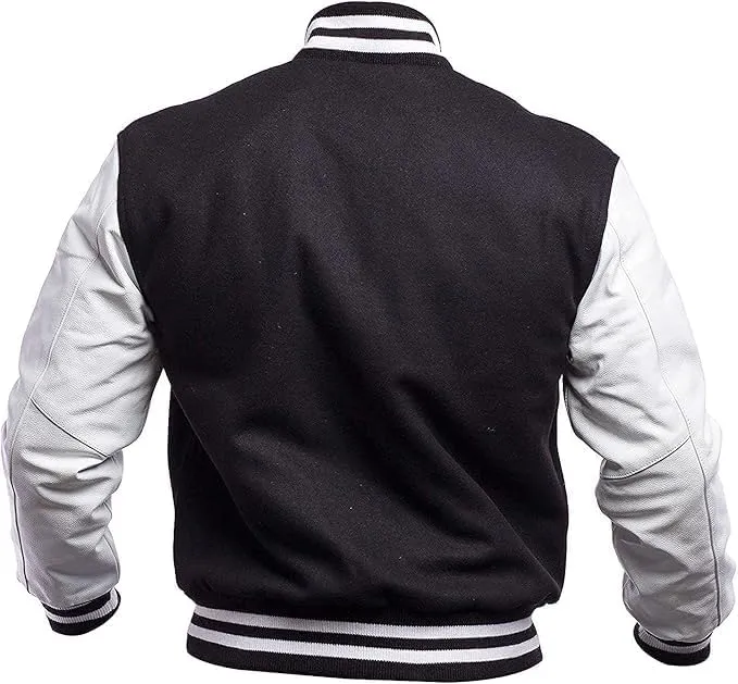 Men's Varsity Jacket Genuine Leather Sleeve Wool Blend Letterman Jacket - High School Baseball Bomber Jackets
