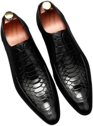 Men's Vintage Crocodile Print Strap Slip On Dress Shoes Pointed Toe Lace up Comfort Breathable Chunky Heels Shoes for Business Work Dating