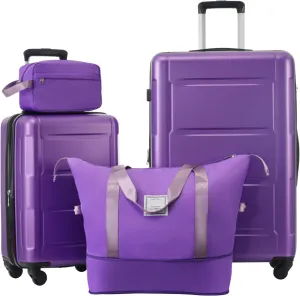Merax Carry Suitcase TSA Lock Hardshell Luggage Sets with Bags, Purple, 20/28 Inch   Cosmetic & Handbag