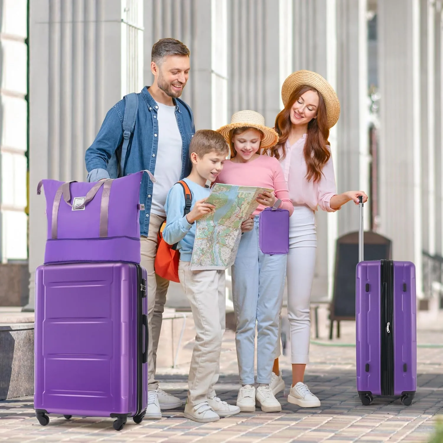 Merax Carry Suitcase TSA Lock Hardshell Luggage Sets with Bags, Purple, 20/28 Inch   Cosmetic & Handbag