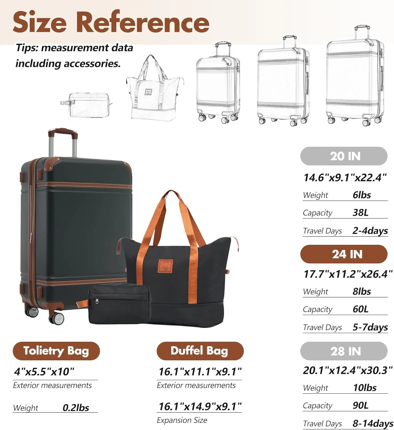 Merax Carry Suitcase with TSA Lock Hardshell Luggage Sets, Black, 24 Inch & Duffel Bag