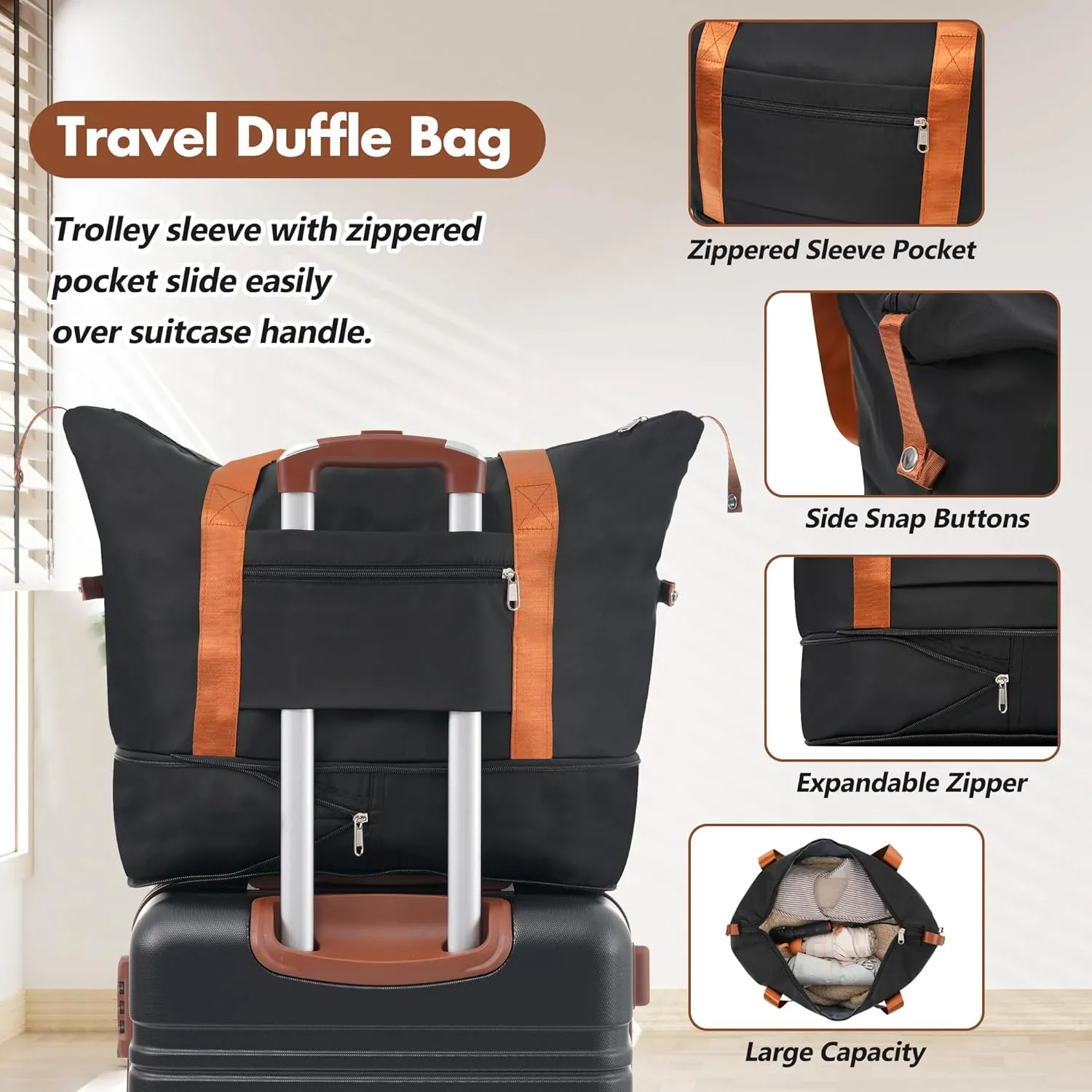 Merax Carry Suitcase with TSA Lock Hardshell Luggage Sets, Black, 24 Inch & Duffel Bag