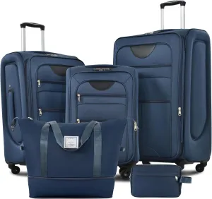 Merax Softside Luggage Set with Duffel Bag Expandable 3-Piece Suitcases Spinner Wheels TSA Lock Lightweight Travel Set Easy Access Pockets Premium 610D Fabric (Softside, Dark Blue, (20/24/28/DB/TB))