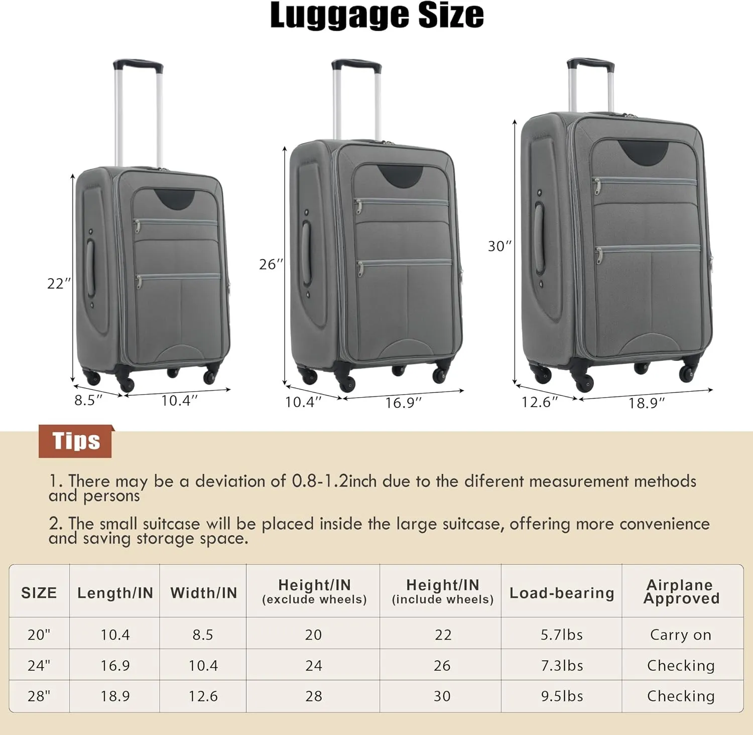 Merax Softside Luggage Set with Duffel Bag Expandable 3-Piece Suitcases Spinner Wheels TSA Lock Lightweight Travel Set Easy Access Pockets Premium 610D Fabric (Softside, Grey, (20/24/28/DB/TB))