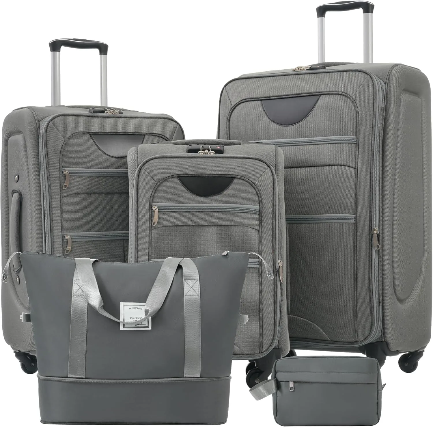 Merax Softside Luggage Set with Duffel Bag Expandable 3-Piece Suitcases Spinner Wheels TSA Lock Lightweight Travel Set Easy Access Pockets Premium 610D Fabric (Softside, Grey, (20/24/28/DB/TB))