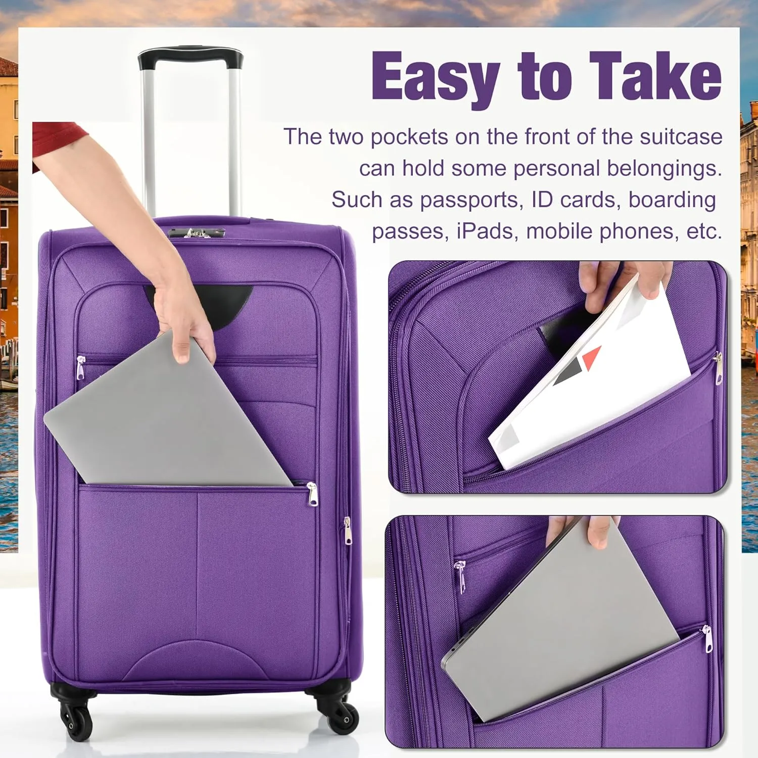 Merax Softside Luggage Set with Duffel Bag Expandable 3-Piece Suitcases Spinner Wheels TSA Lock Lightweight Travel Set Easy Access Pockets Premium 610D Fabric (Softside, Purple, (20/24/28/DB/TB))