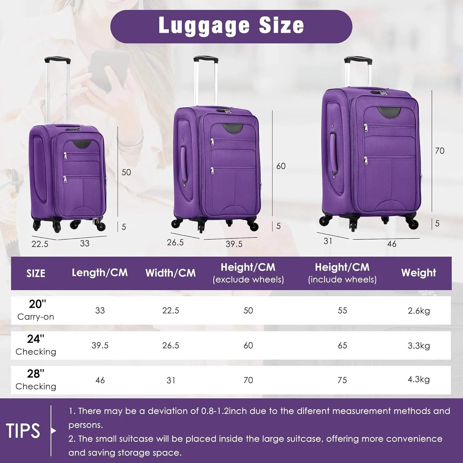 Merax Softside Luggage Set with Duffel Bag Expandable 3-Piece Suitcases Spinner Wheels TSA Lock Lightweight Travel Set Easy Access Pockets Premium 610D Fabric (Softside, Purple, (20/24/28/DB/TB))