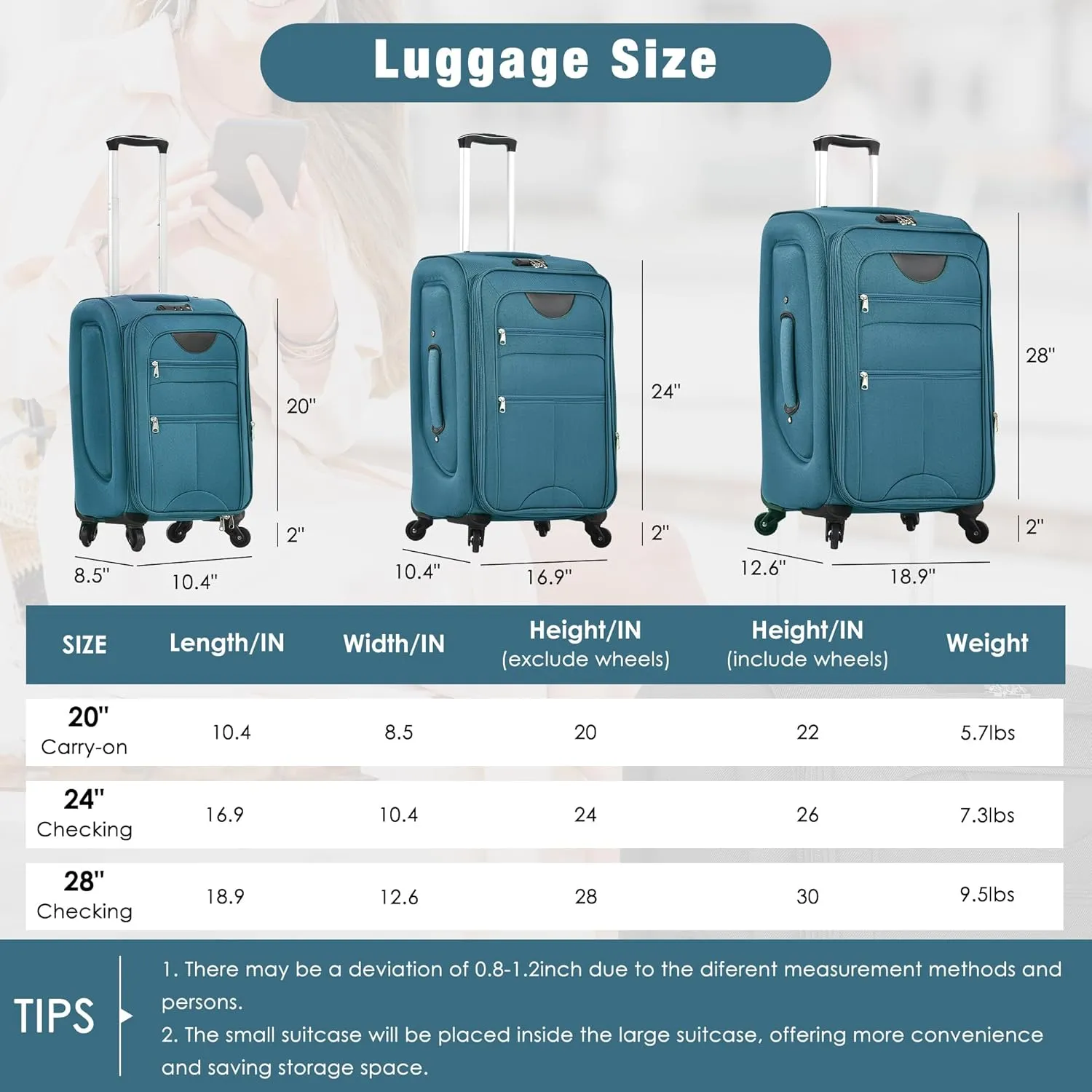 Merax Softside Luggage Set with Duffel Bag Expandable 3-Piece Suitcases Spinner Wheels TSA Lock Lightweight Travel Set Easy Access Pockets Premium 610D Fabric (Softside, Slate Blue, (20/24/28/DB/TB))