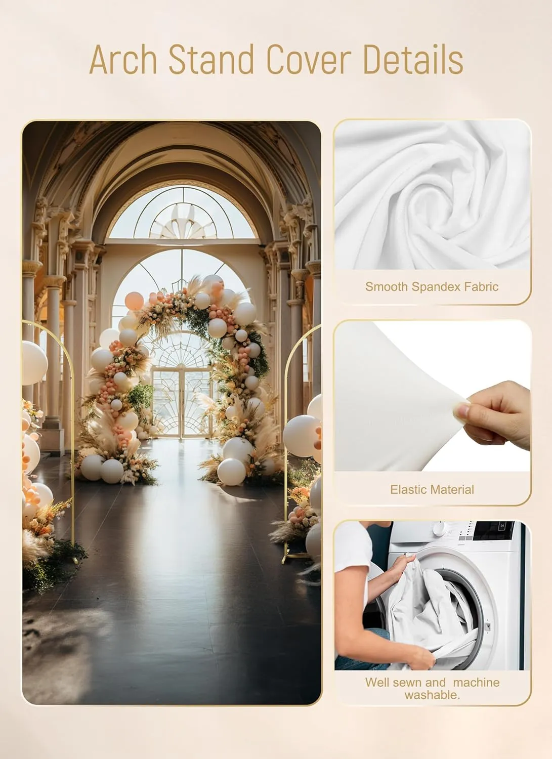 Minetom Wedding Arch Backdrop Stand with Wedding Arch Cover Spandex Set of 6 (7.2FT, 6FT, 6FT) Gold Metal Stand for Birthday Party Wedding Ceremony Baby Shower Garden Balloon Arch Decorationn, White