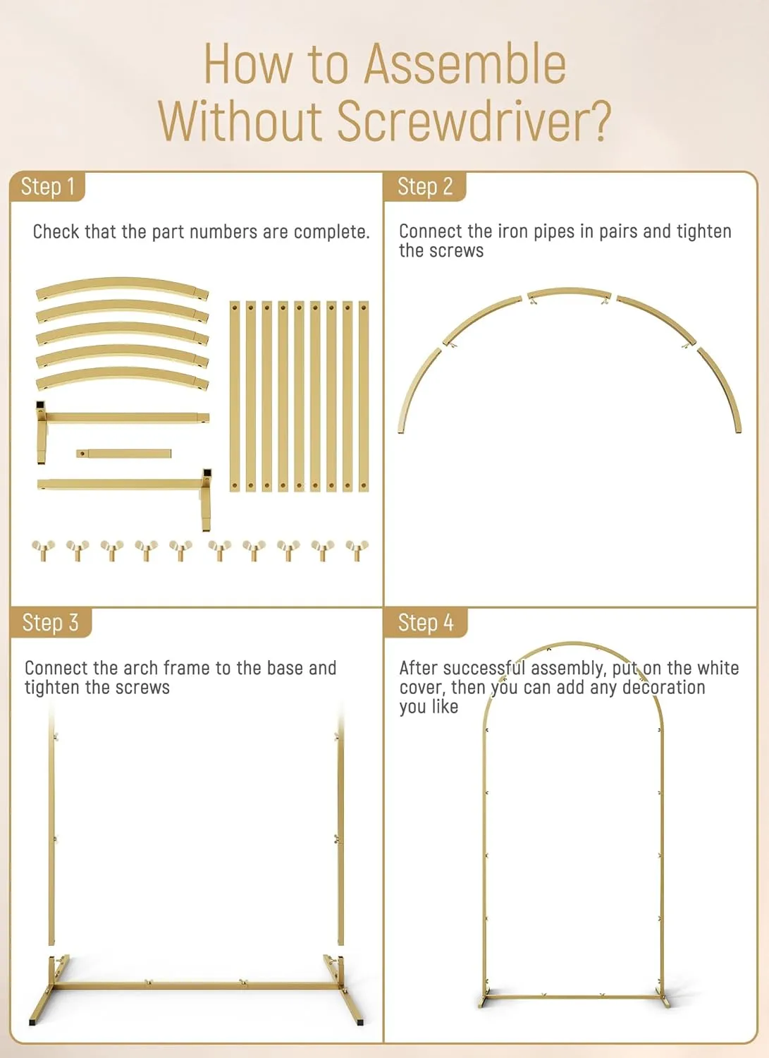 Minetom Wedding Arch Backdrop Stand with Wedding Arch Cover Spandex Set of 6 (7.2FT, 6FT, 6FT) Gold Metal Stand for Birthday Party Wedding Ceremony Baby Shower Garden Balloon Arch Decorationn, White