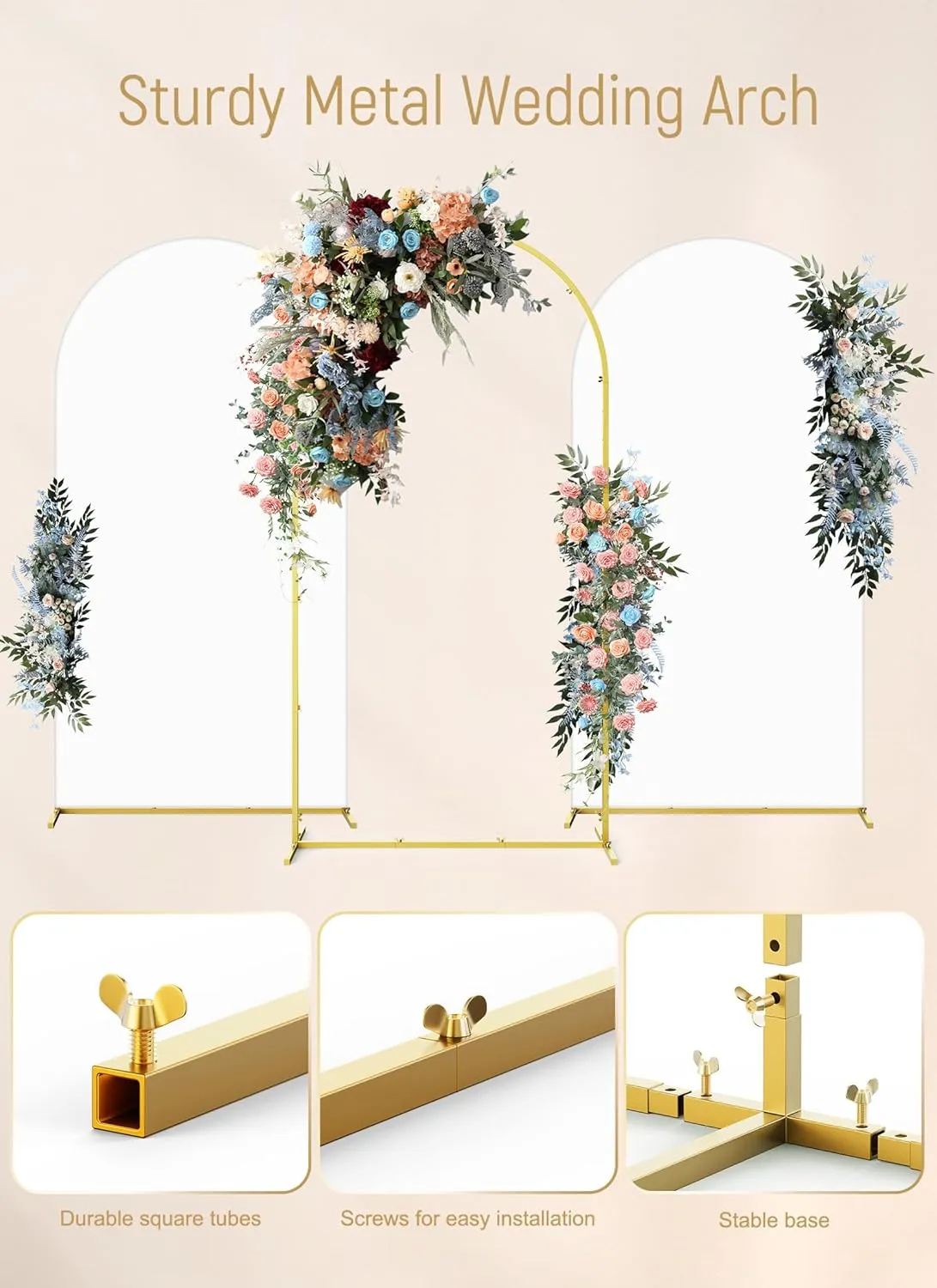 Minetom Wedding Arch Backdrop Stand with Wedding Arch Cover Spandex Set of 6 (7.2FT, 6FT, 6FT) Gold Metal Stand for Birthday Party Wedding Ceremony Baby Shower Garden Balloon Arch Decorationn, White