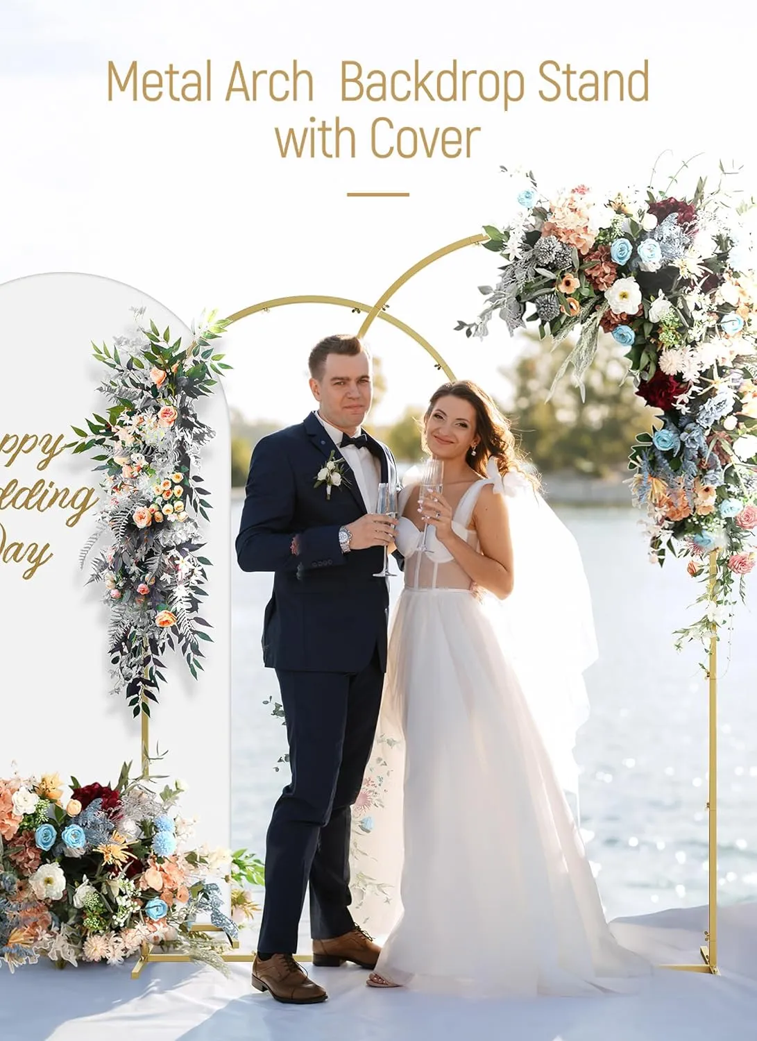 Minetom Wedding Arch Backdrop Stand with Wedding Arch Cover Spandex Set of 6 (7.2FT, 6FT, 6FT) Gold Metal Stand for Birthday Party Wedding Ceremony Baby Shower Garden Balloon Arch Decorationn, White