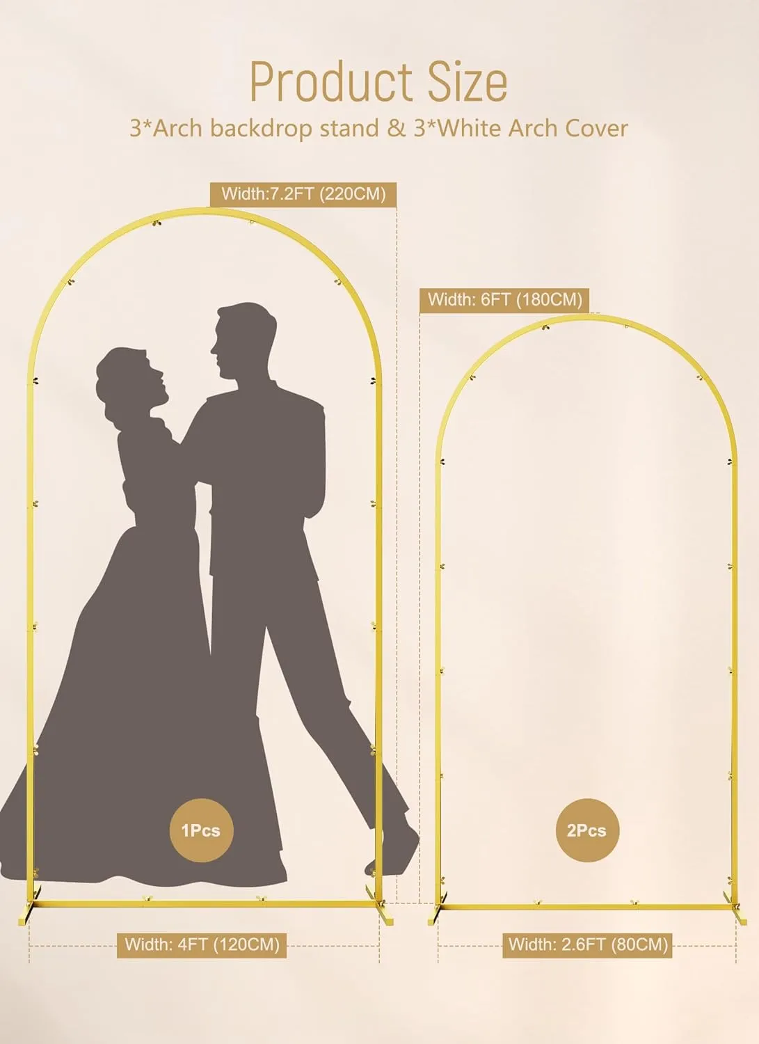 Minetom Wedding Arch Backdrop Stand with Wedding Arch Cover Spandex Set of 6 (7.2FT, 6FT, 6FT) Gold Metal Stand for Birthday Party Wedding Ceremony Baby Shower Garden Balloon Arch Decorationn, White