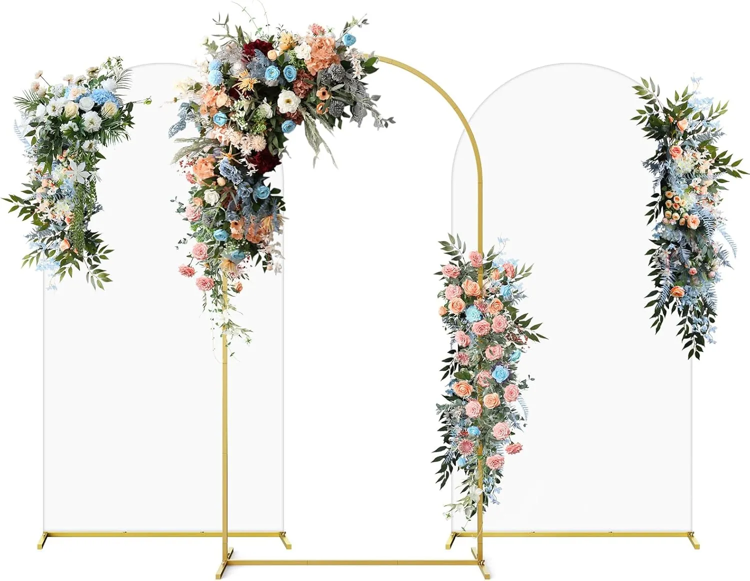 Minetom Wedding Arch Backdrop Stand with Wedding Arch Cover Spandex Set of 6 (7.2FT, 6FT, 6FT) Gold Metal Stand for Birthday Party Wedding Ceremony Baby Shower Garden Balloon Arch Decorationn, White