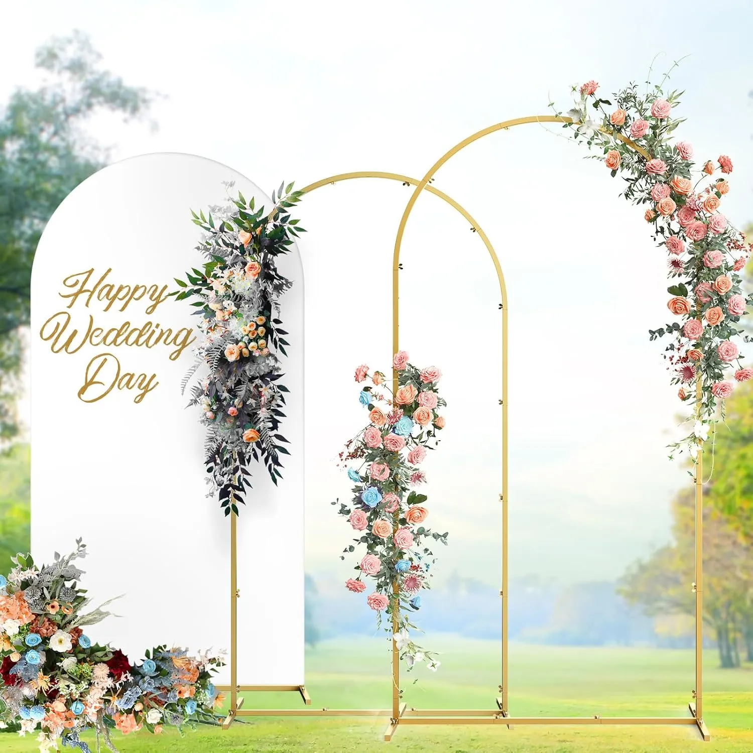 Minetom Wedding Arch Backdrop Stand with Wedding Arch Cover Spandex Set of 6 (7.2FT, 6FT, 6FT) Gold Metal Stand for Birthday Party Wedding Ceremony Baby Shower Garden Balloon Arch Decorationn, White