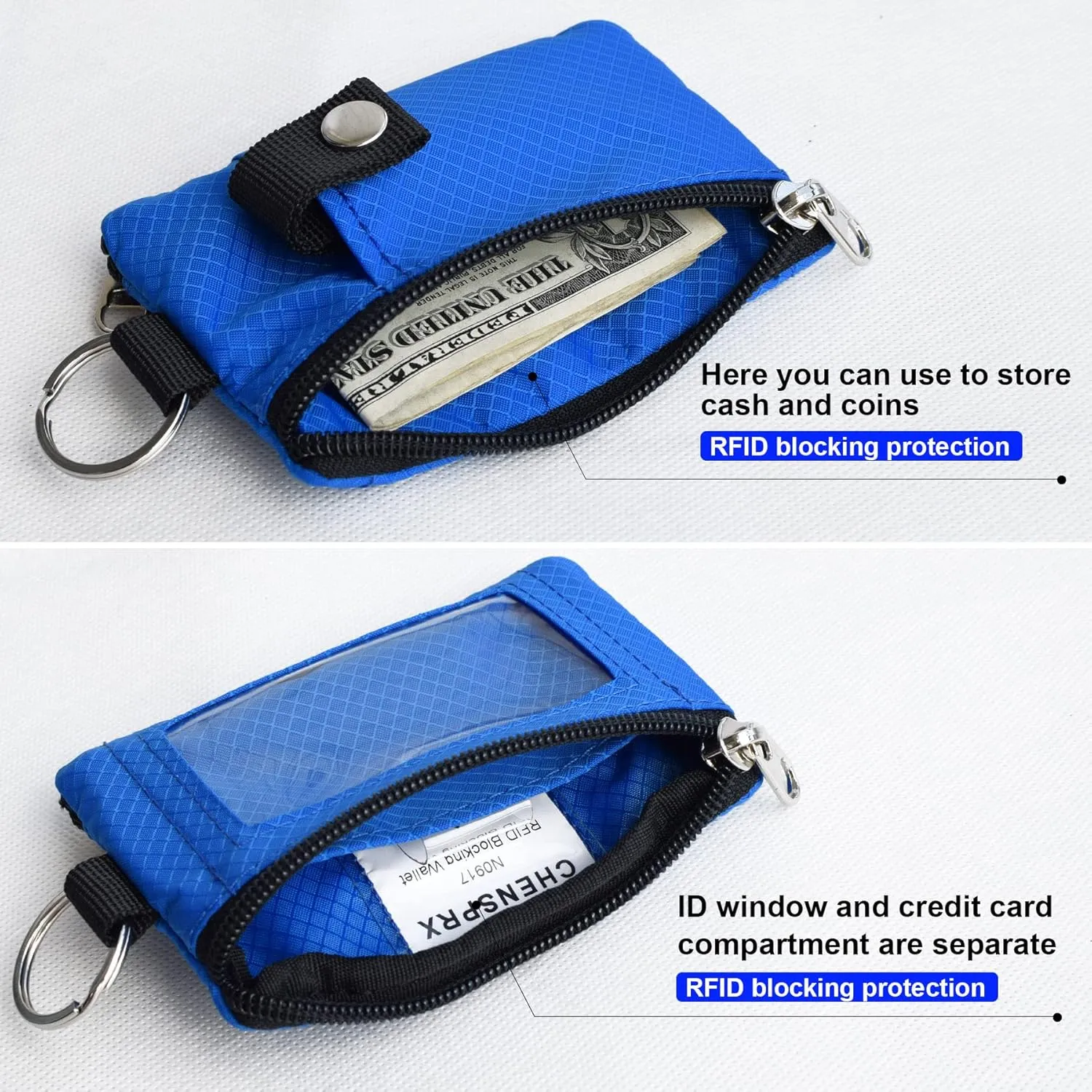 Minimalist RFID Blocking Small Wallet with ID Window,WaterResistant Zip Id Case Wallet with Lanyard Keychain for Cards,Cash,Travel,Women,Men (GreenOnion DarkGreen)