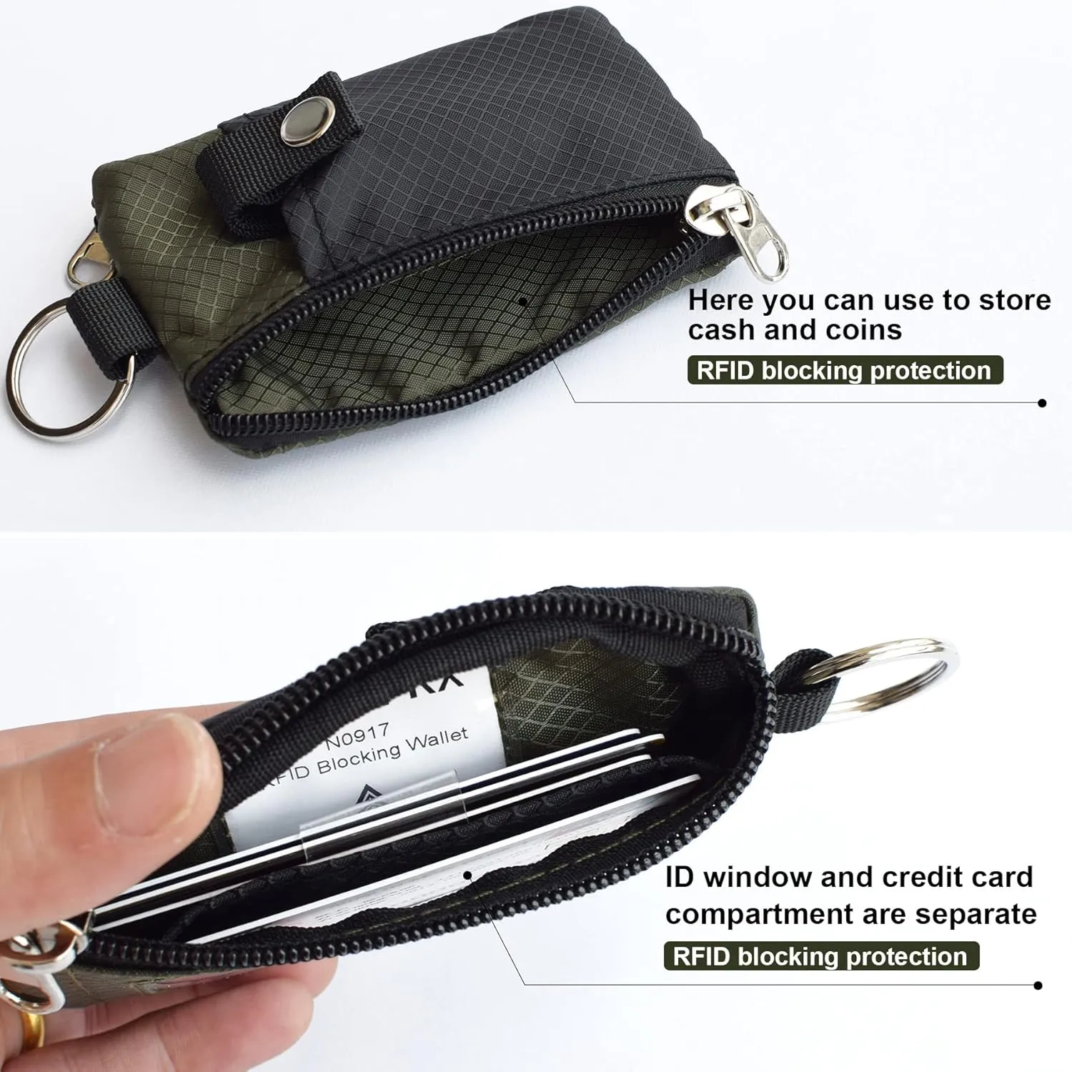 Minimalist RFID Blocking Small Wallet with ID Window,WaterResistant Zip Id Case Wallet with Lanyard Keychain for Cards,Cash,Travel,Women,Men (GreenOnion DarkGreen)
