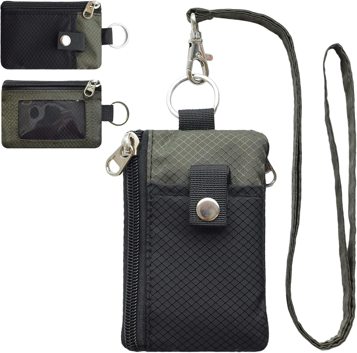 Minimalist RFID Blocking Small Wallet with ID Window,WaterResistant Zip Id Case Wallet with Lanyard Keychain for Cards,Cash,Travel,Women,Men (GreenOnion DarkGreen)