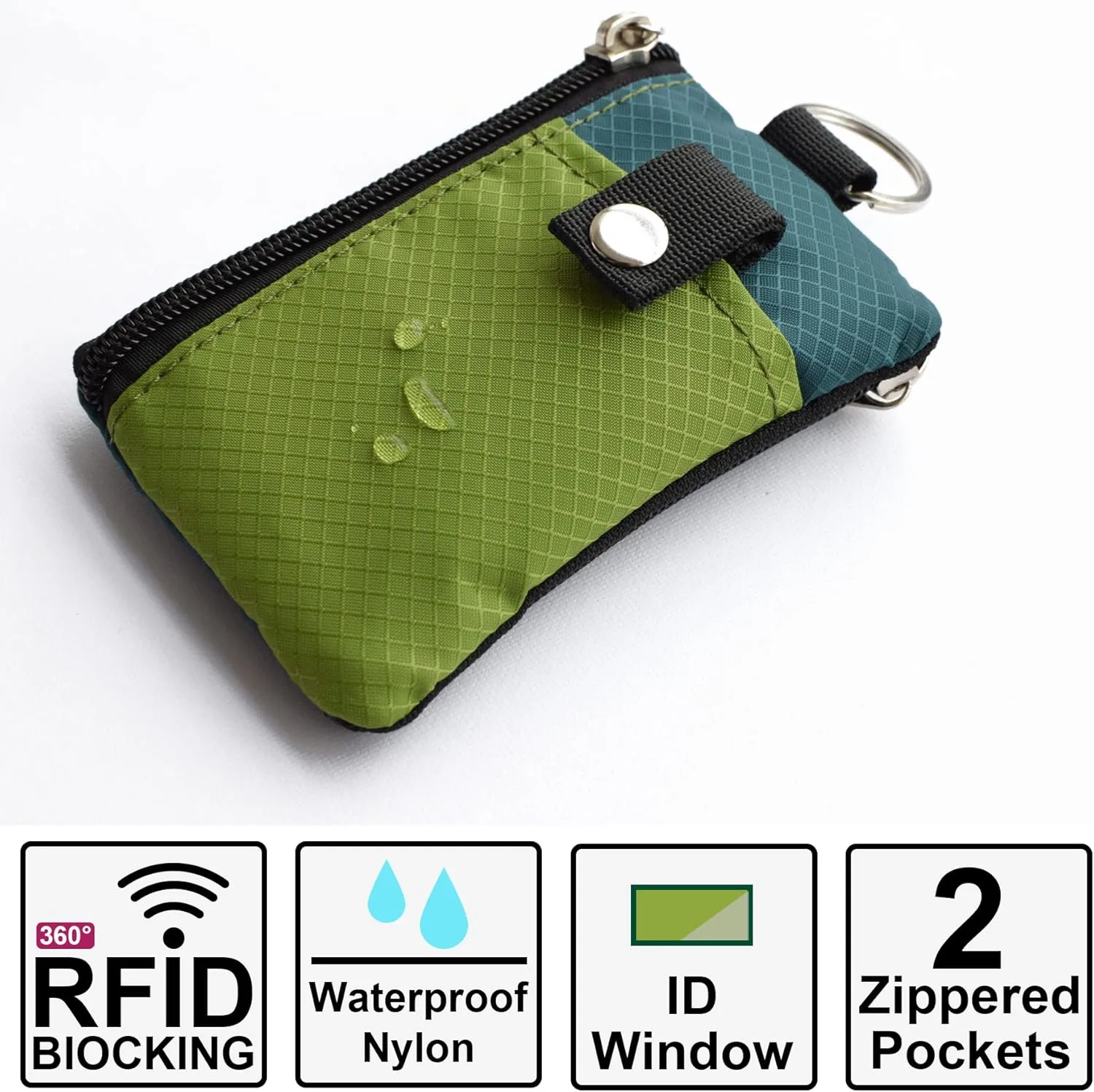 Minimalist RFID Blocking Small Wallet with ID Window,WaterResistant Zip Id Case Wallet with Lanyard Keychain for Cards,Cash,Travel,Women,Men (GreenOnion DarkGreen)