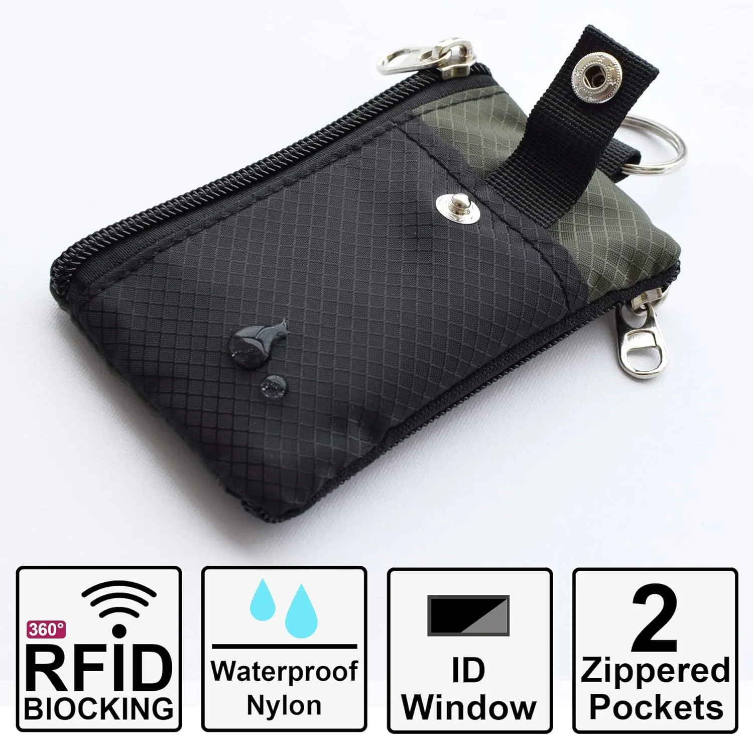 Minimalist RFID Blocking Small Wallet with ID Window,WaterResistant Zip Id Case Wallet with Lanyard Keychain for Cards,Cash,Travel,Women,Men (GreenOnion DarkGreen)