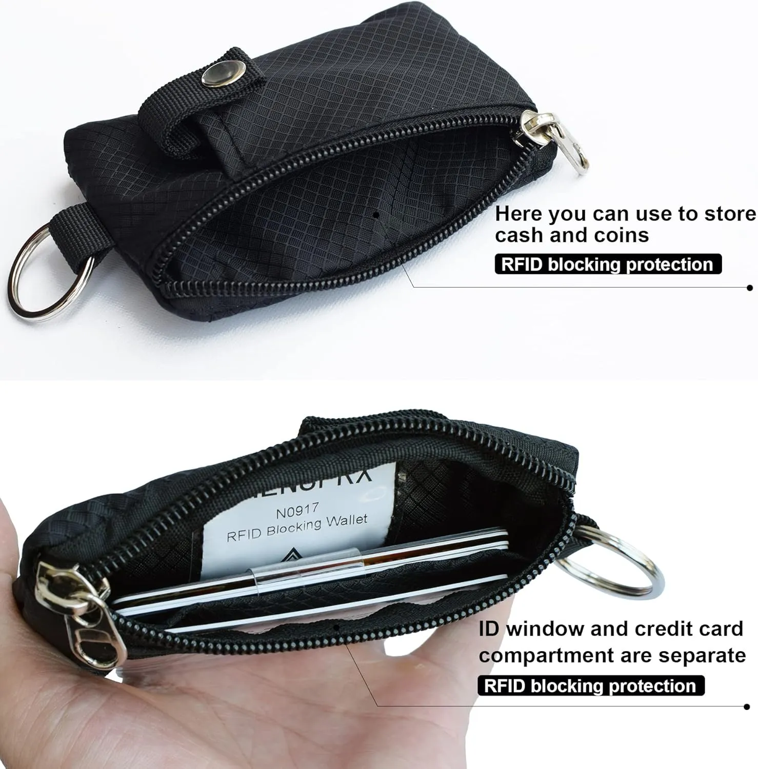 Minimalist RFID Blocking Small Wallet with ID Window,WaterResistant Zip Id Case Wallet with Lanyard Keychain for Cards,Cash,Travel,Women,Men (GreenOnion DarkGreen)
