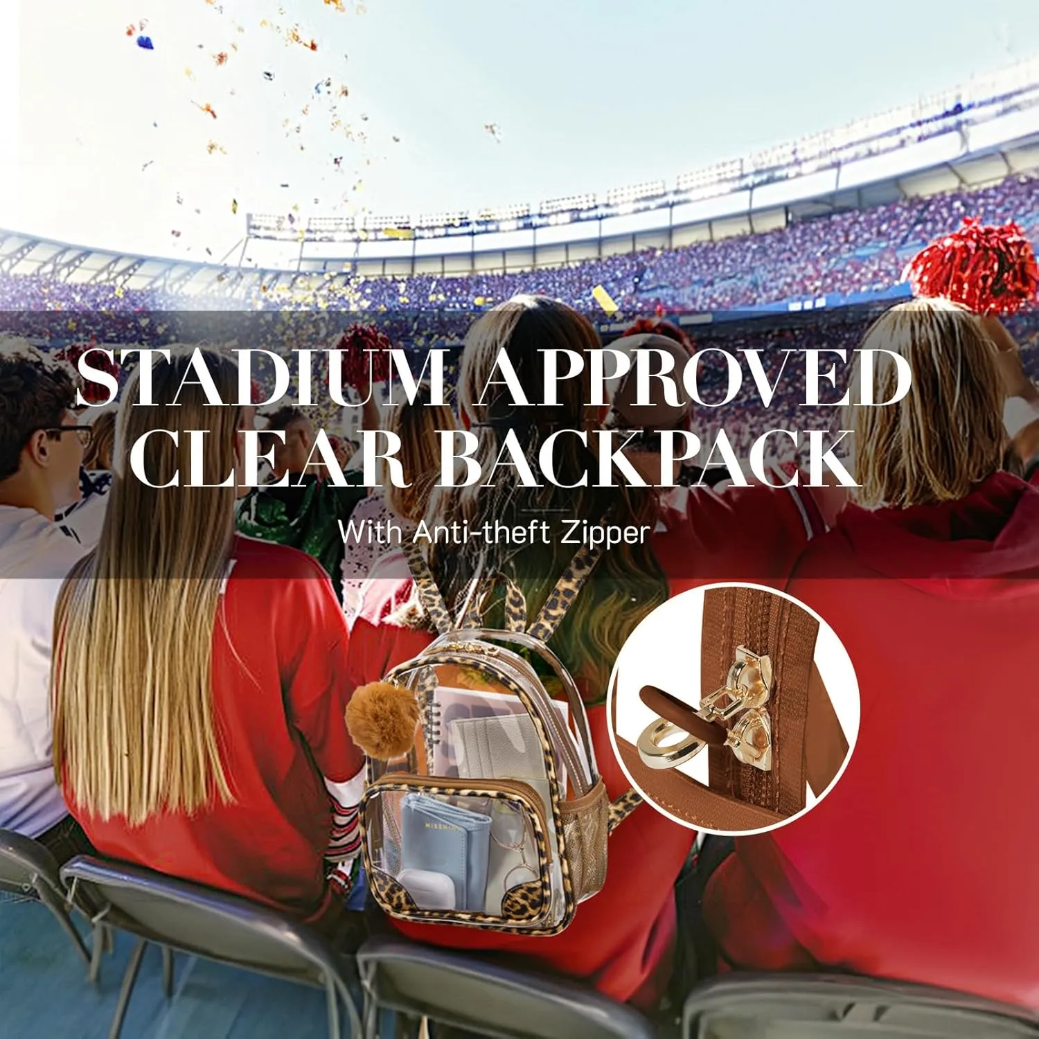 Missnine Anti-theft Clear Backpack, Small Mini Clear Bag for Sport Event Concert with Cute Fur Ball