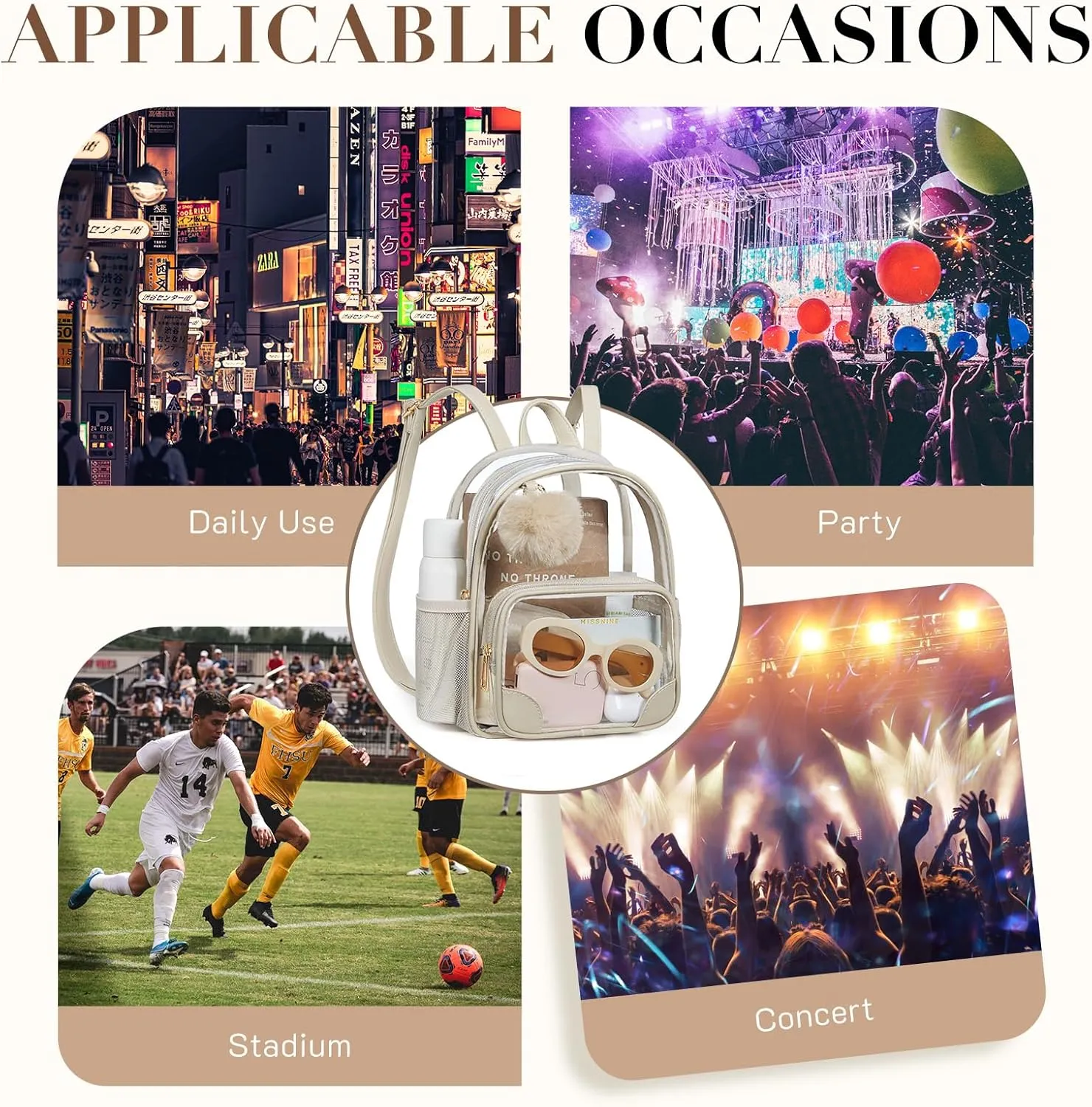 Missnine Anti-theft Clear Backpack, Small Mini Clear Bag for Sport Event Concert with Cute Fur Ball