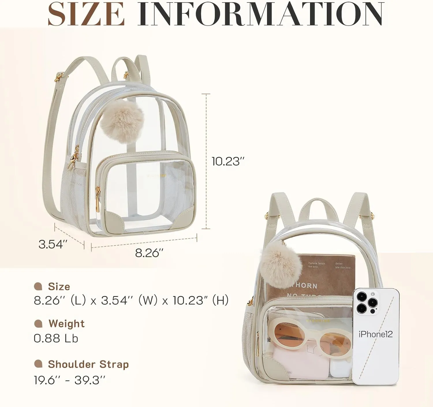 Missnine Anti-theft Clear Backpack, Small Mini Clear Bag for Sport Event Concert with Cute Fur Ball
