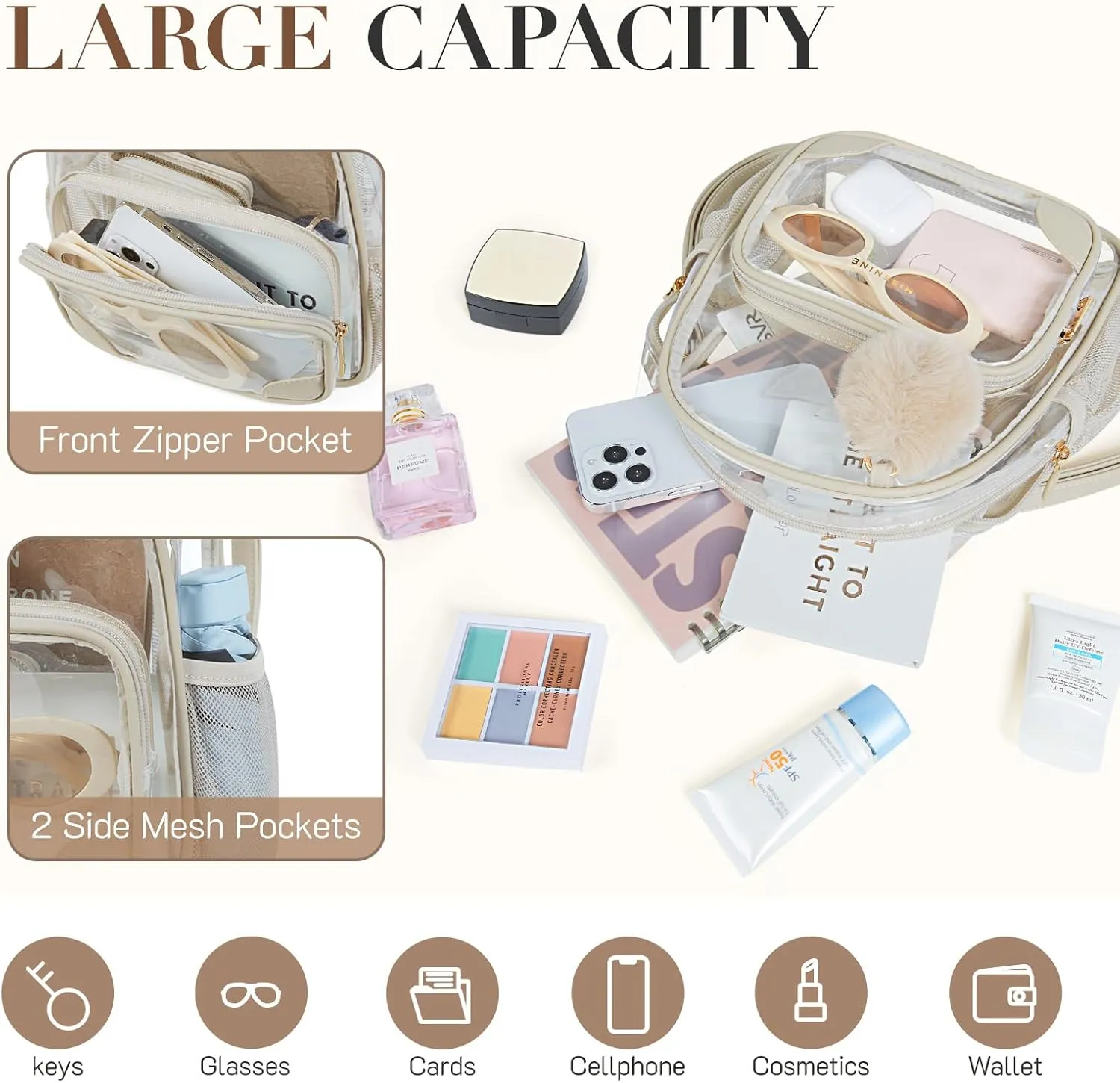 Missnine Anti-theft Clear Backpack, Small Mini Clear Bag for Sport Event Concert with Cute Fur Ball