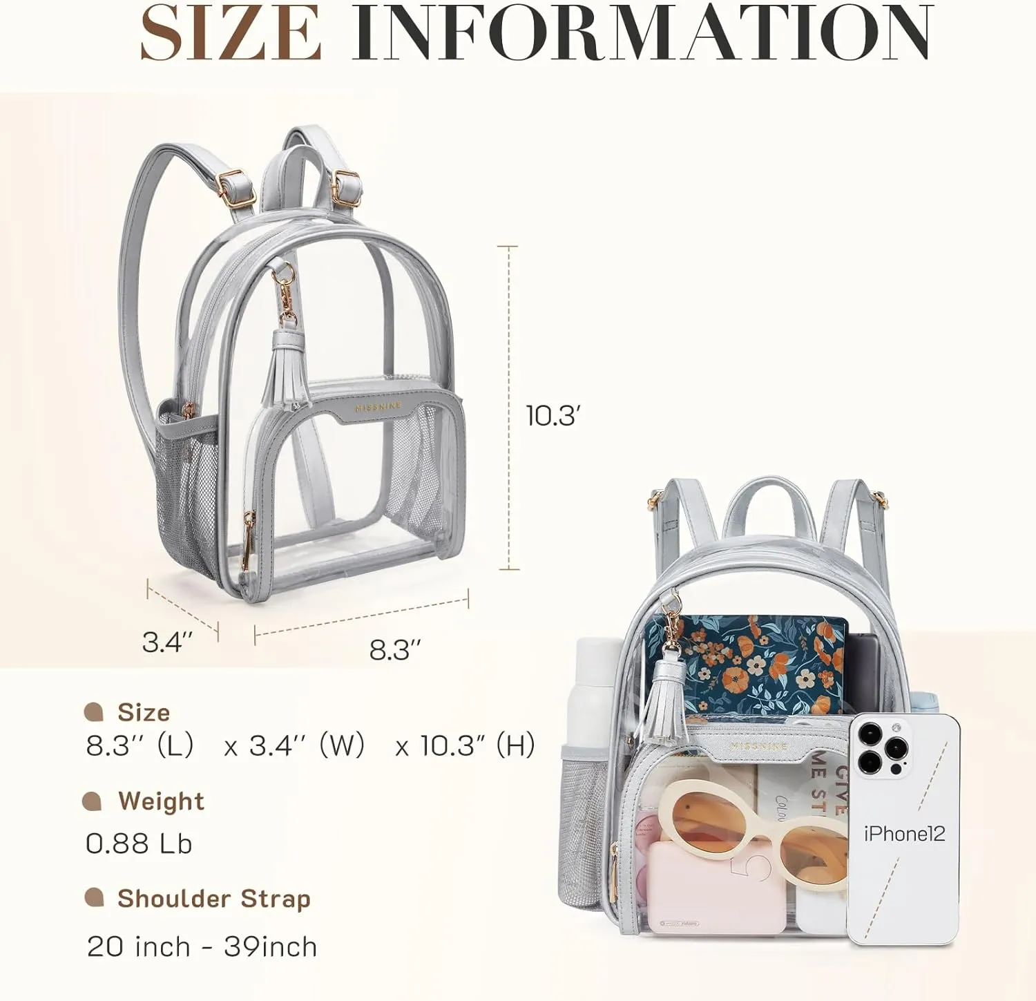 Missnine Clear Backpack Stadium Approved, Thick PVC Mini Clear Bag with Leather Trim for Sports Event, Concert, Festival, Silver