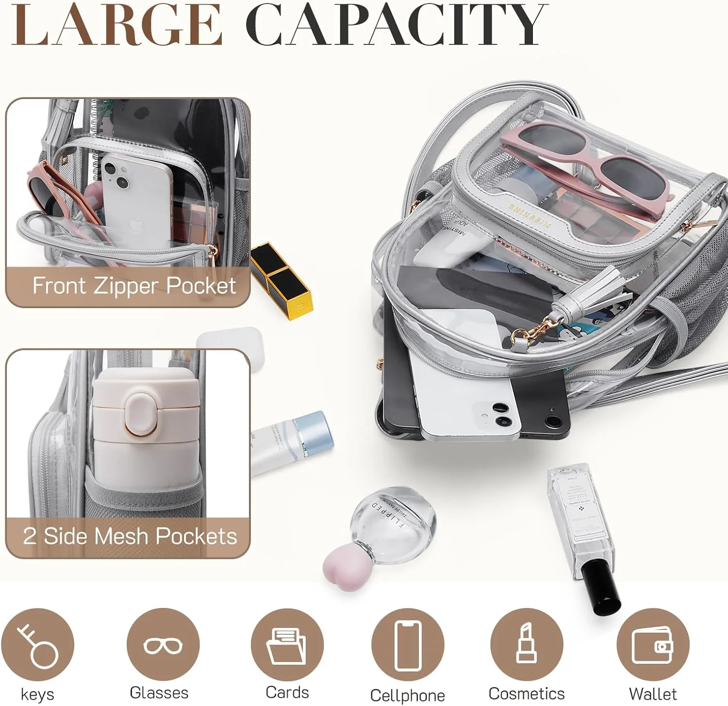 Missnine Clear Backpack Stadium Approved, Thick PVC Mini Clear Bag with Leather Trim for Sports Event, Concert, Festival, Silver