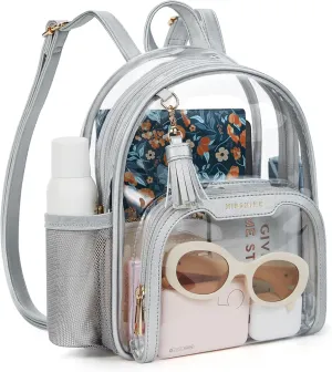 Missnine Clear Backpack Stadium Approved, Thick PVC Mini Clear Bag with Leather Trim for Sports Event, Concert, Festival, Silver