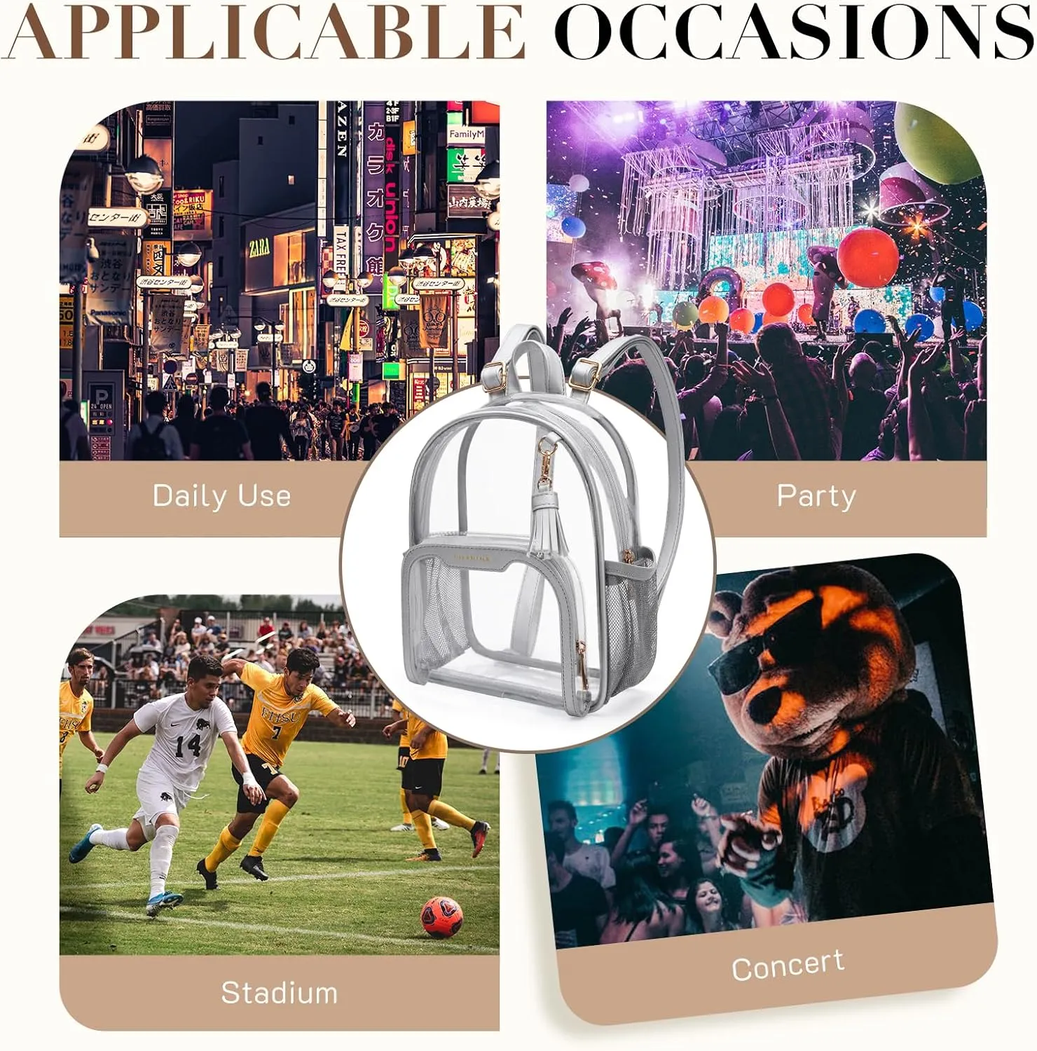 Missnine Clear Backpack Stadium Approved, Thick PVC Mini Clear Bag with Leather Trim for Sports Event, Concert, Festival, Silver