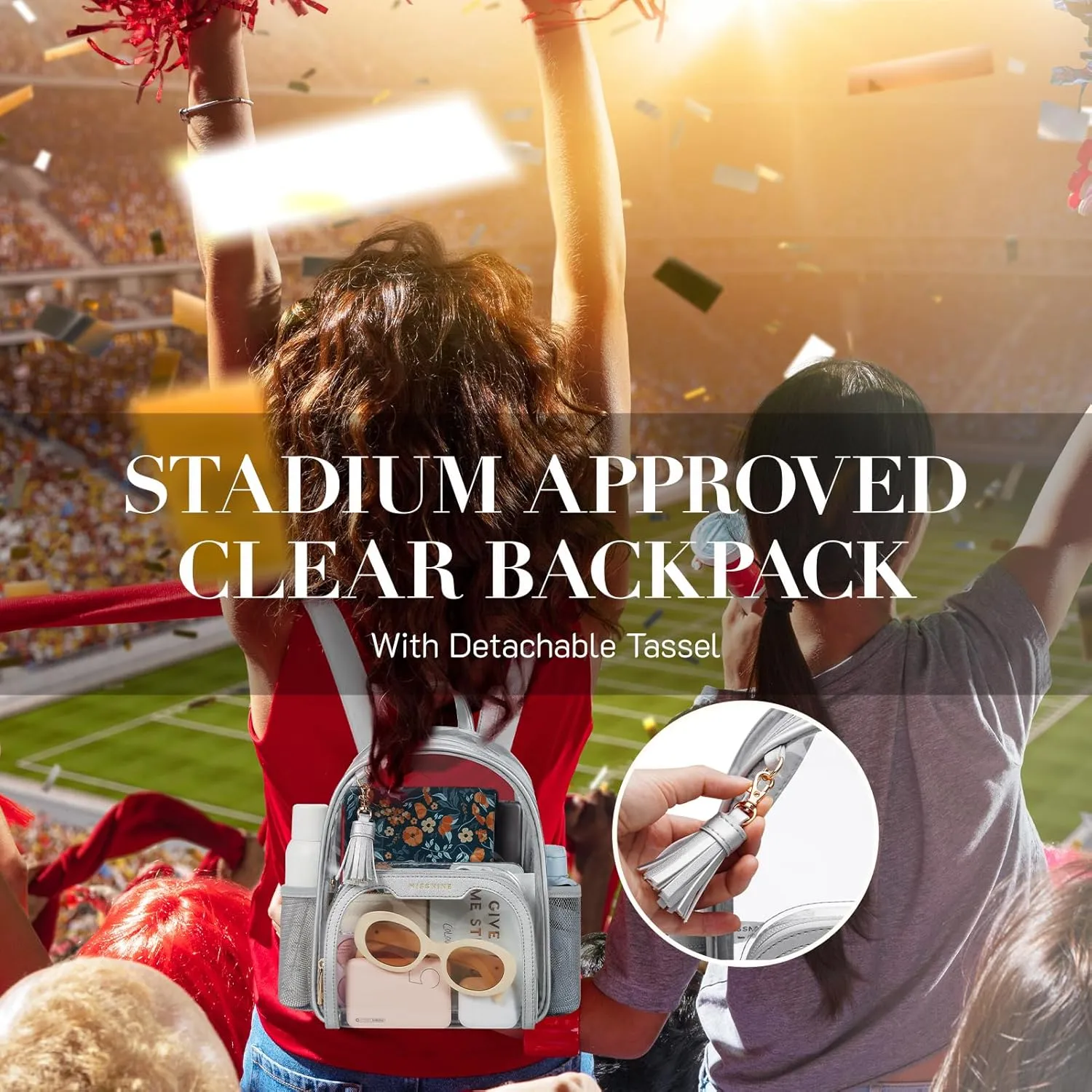 Missnine Clear Backpack Stadium Approved, Thick PVC Mini Clear Bag with Leather Trim for Sports Event, Concert, Festival, Silver