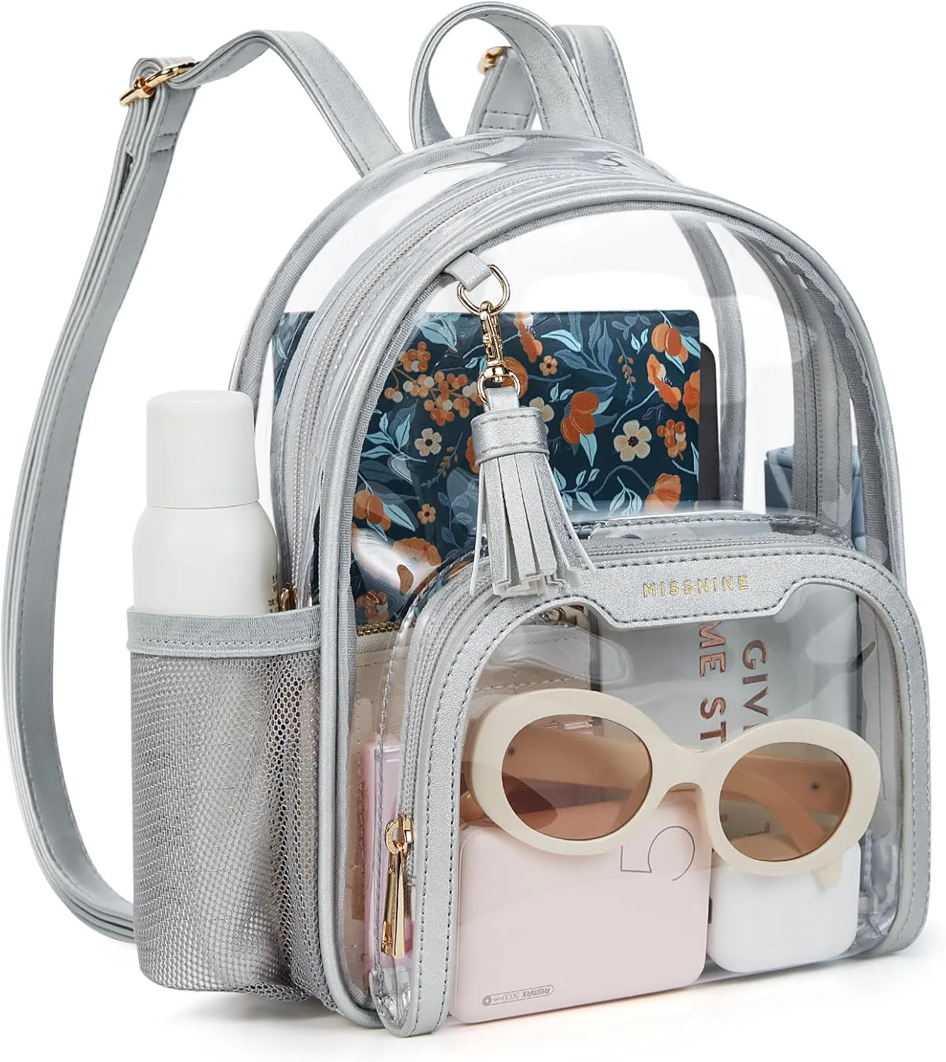 Missnine Clear Backpack Stadium Approved, Thick PVC Mini Clear Bag with Leather Trim for Sports Event, Concert, Festival, Silver