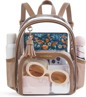 Missnine Clear Backpack Stadium Approved, Thick PVC Mini Clear Bag with Leather Trim for Sports Event, Concert, Festival, Tan