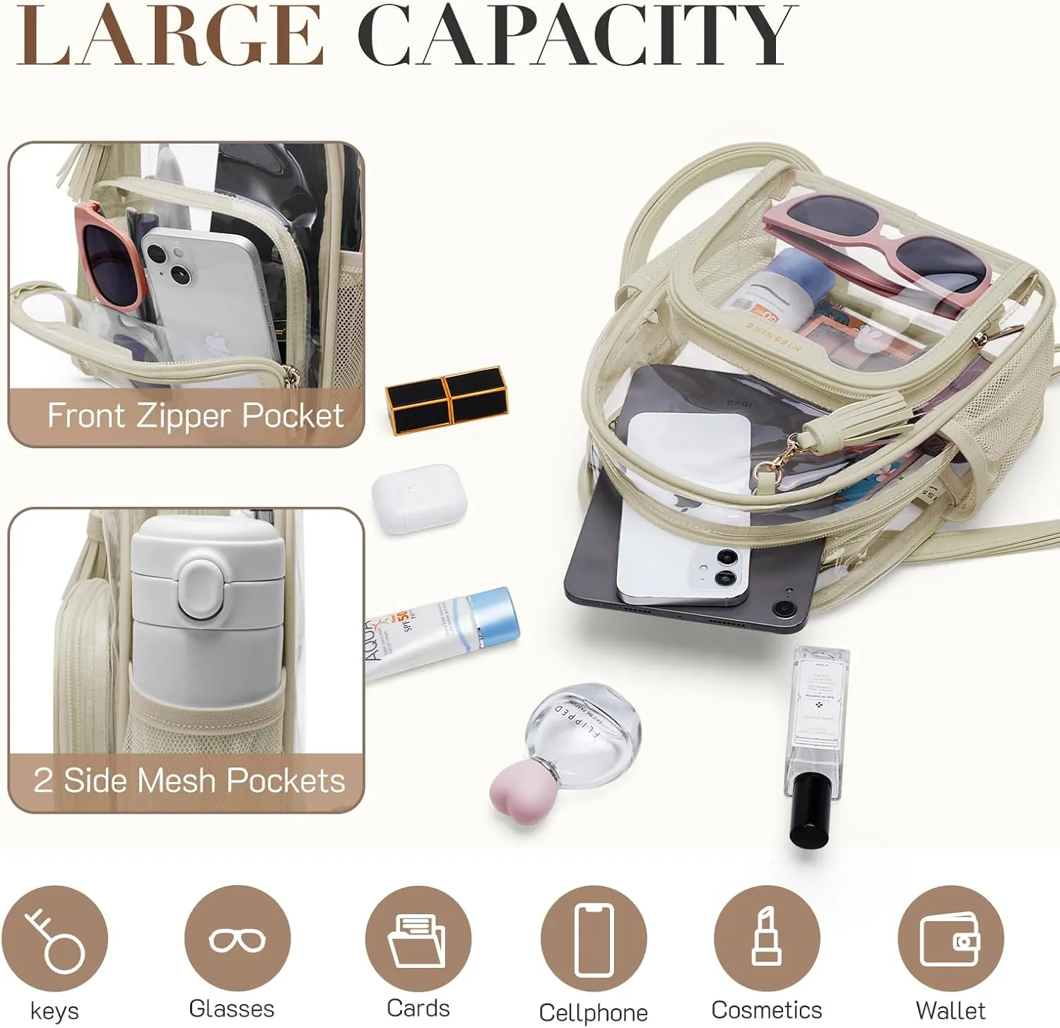 Missnine Clear Backpack Stadium Approved, Thick PVC Mini Clear Bag with Leather Trim for Sports Event, Concert, Festival, Tan