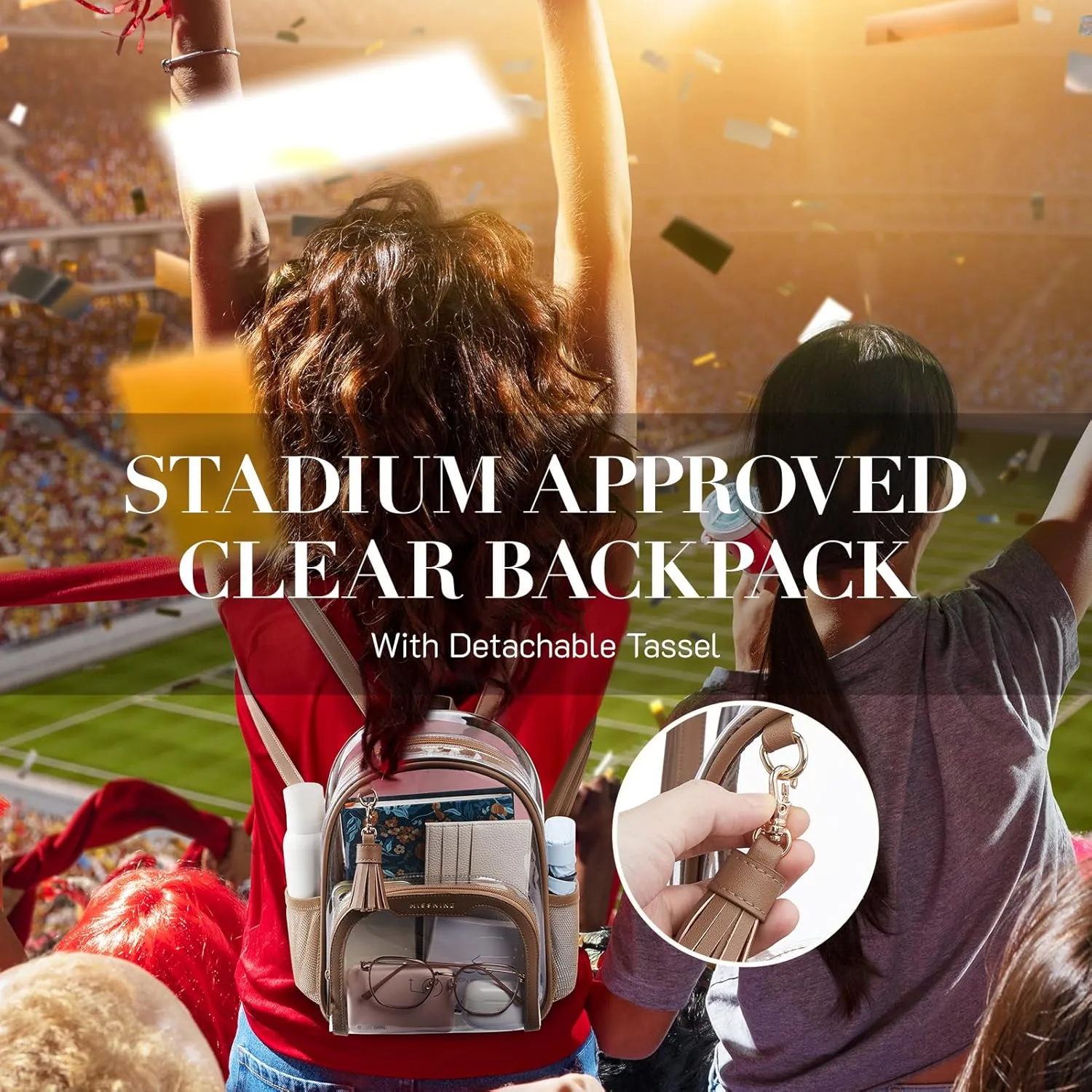 Missnine Clear Backpack Stadium Approved, Thick PVC Mini Clear Bag with Leather Trim for Sports Event, Concert, Festival, Tan