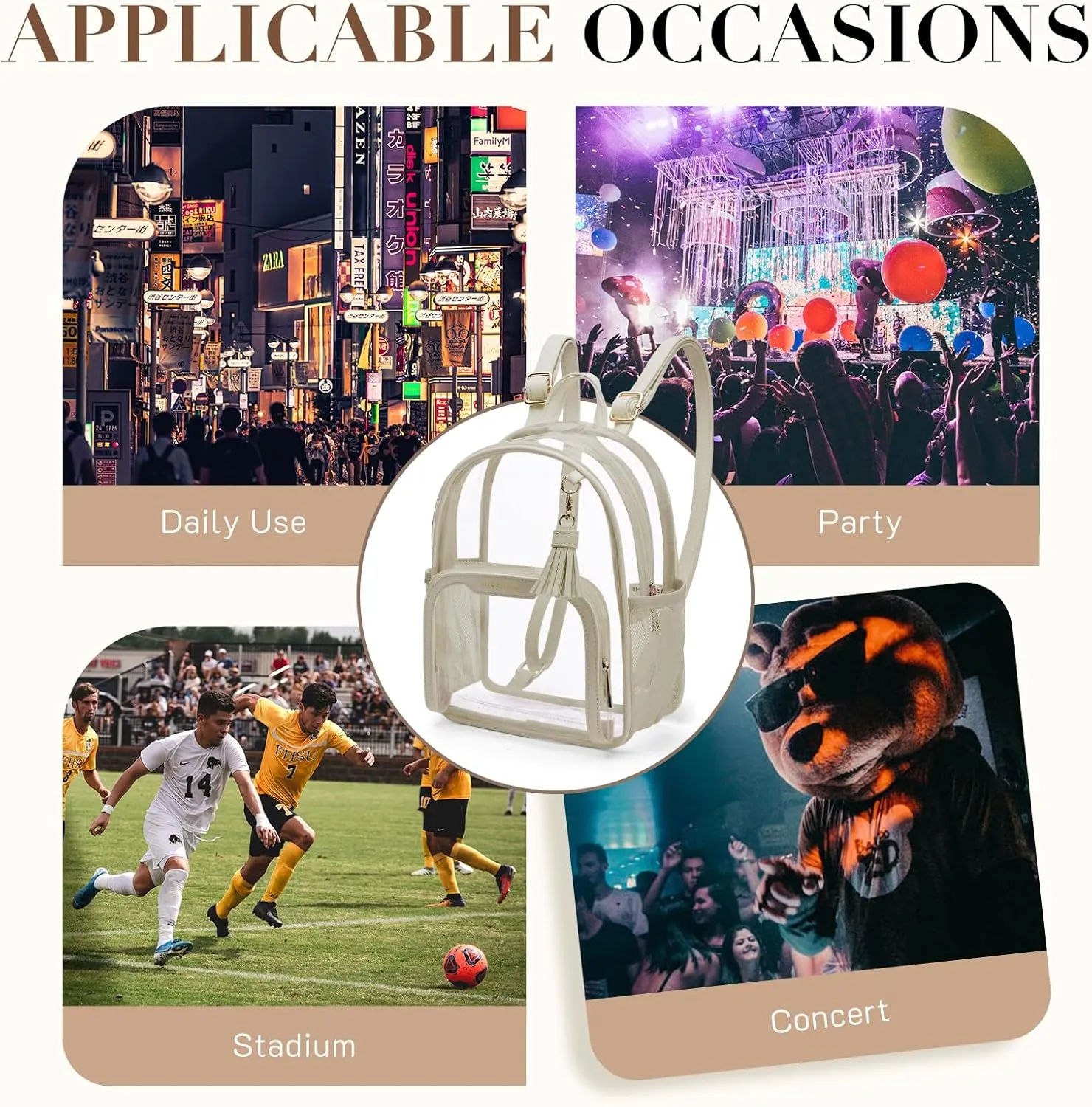 Missnine Clear Backpack Stadium Approved, Thick PVC Mini Clear Bag with Leather Trim for Sports Event, Concert, Festival, Tan