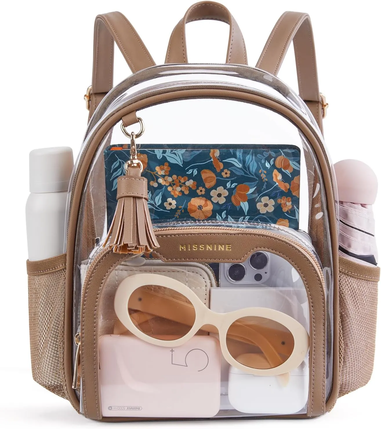 Missnine Clear Backpack Stadium Approved, Thick PVC Mini Clear Bag with Leather Trim for Sports Event, Concert, Festival, Tan