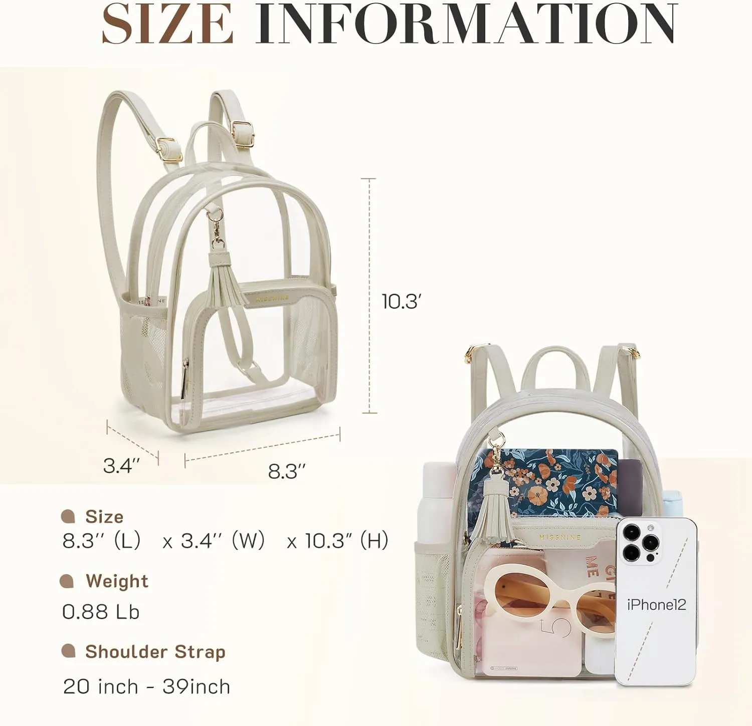 Missnine Clear Backpack Stadium Approved, Thick PVC Mini Clear Bag with Leather Trim for Sports Event, Concert, Festival, Tan