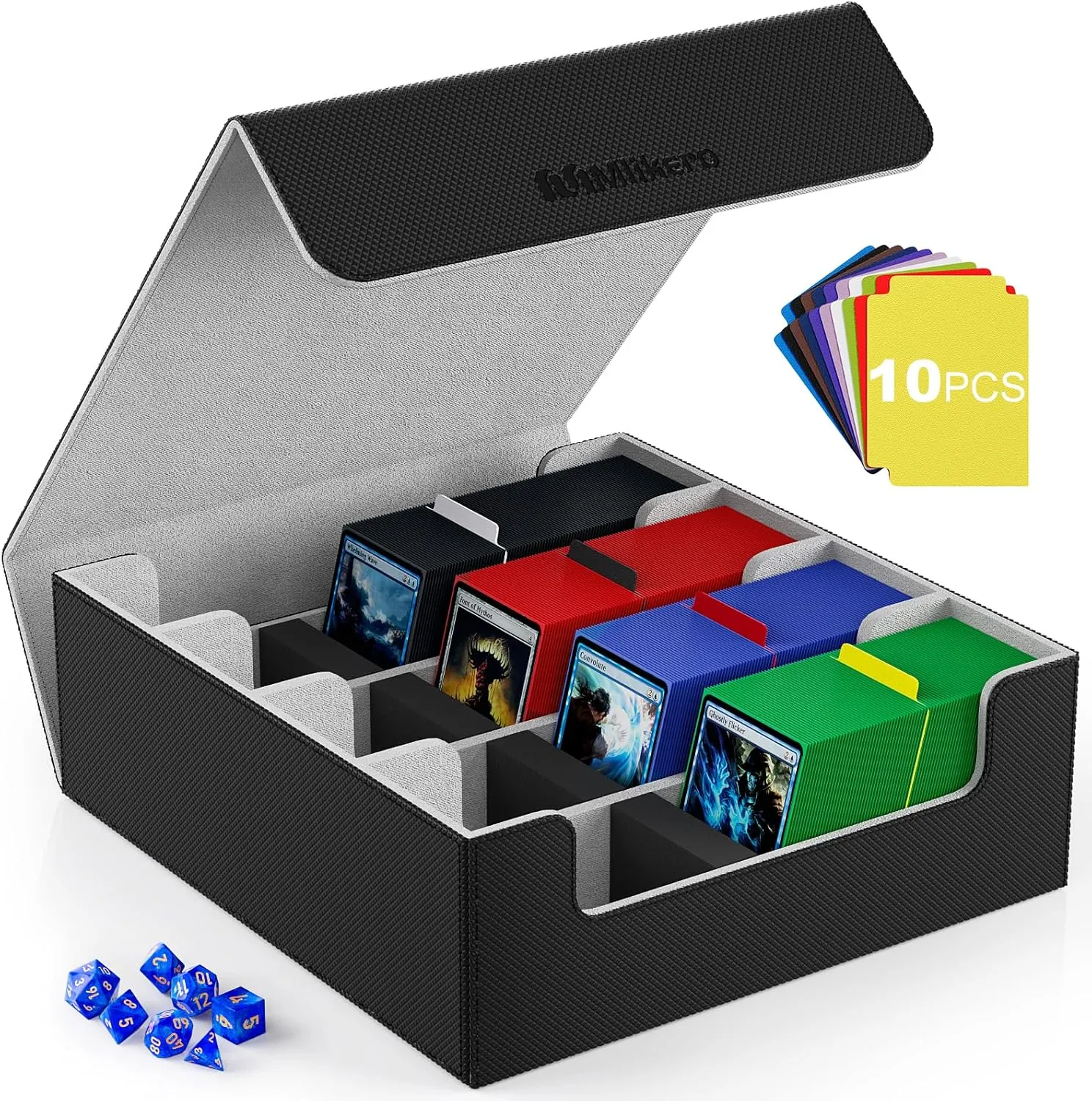Mlikero Card Deck Case, 2400  Trading Card Storage Box with 10 Colorful Dividers and 4 Foam Stoppers, Leather Magnetic Closure Commander Deck Box Fit for MTG, TCG (4 Rows, Black&Grey)