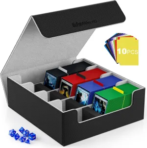 Mlikero Card Deck Case, 2400  Trading Card Storage Box with 10 Colorful Dividers and 4 Foam Stoppers, Leather Magnetic Closure Commander Deck Box Fit for MTG, TCG (4 Rows, Black&Grey)