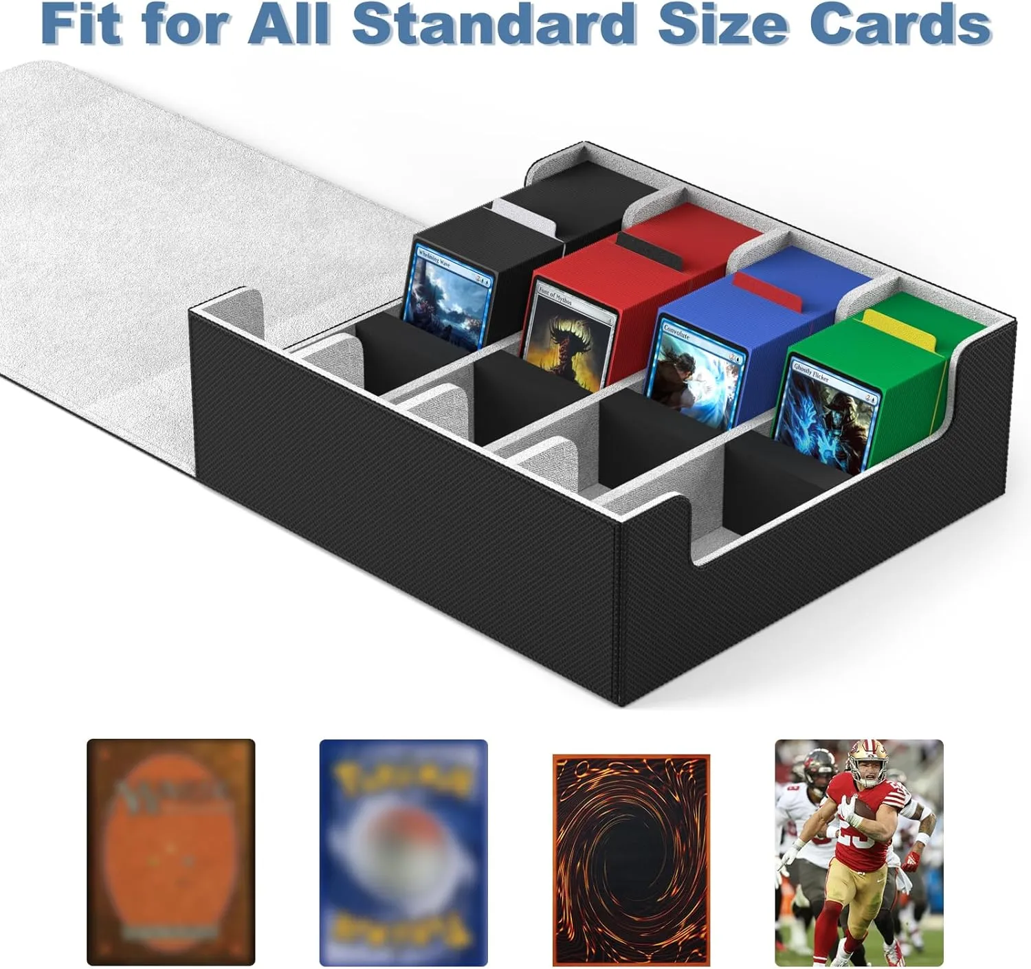 Mlikero Card Deck Case, 2400  Trading Card Storage Box with 10 Colorful Dividers and 4 Foam Stoppers, Leather Magnetic Closure Commander Deck Box Fit for MTG, TCG (4 Rows, Black&Grey)