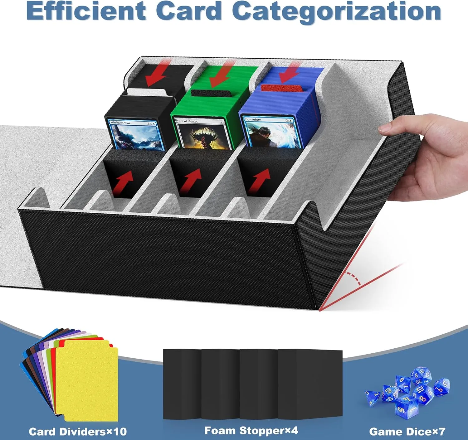Mlikero Card Deck Case, 2400  Trading Card Storage Box with 10 Colorful Dividers and 4 Foam Stoppers, Leather Magnetic Closure Commander Deck Box Fit for MTG, TCG (4 Rows, Black&Grey)