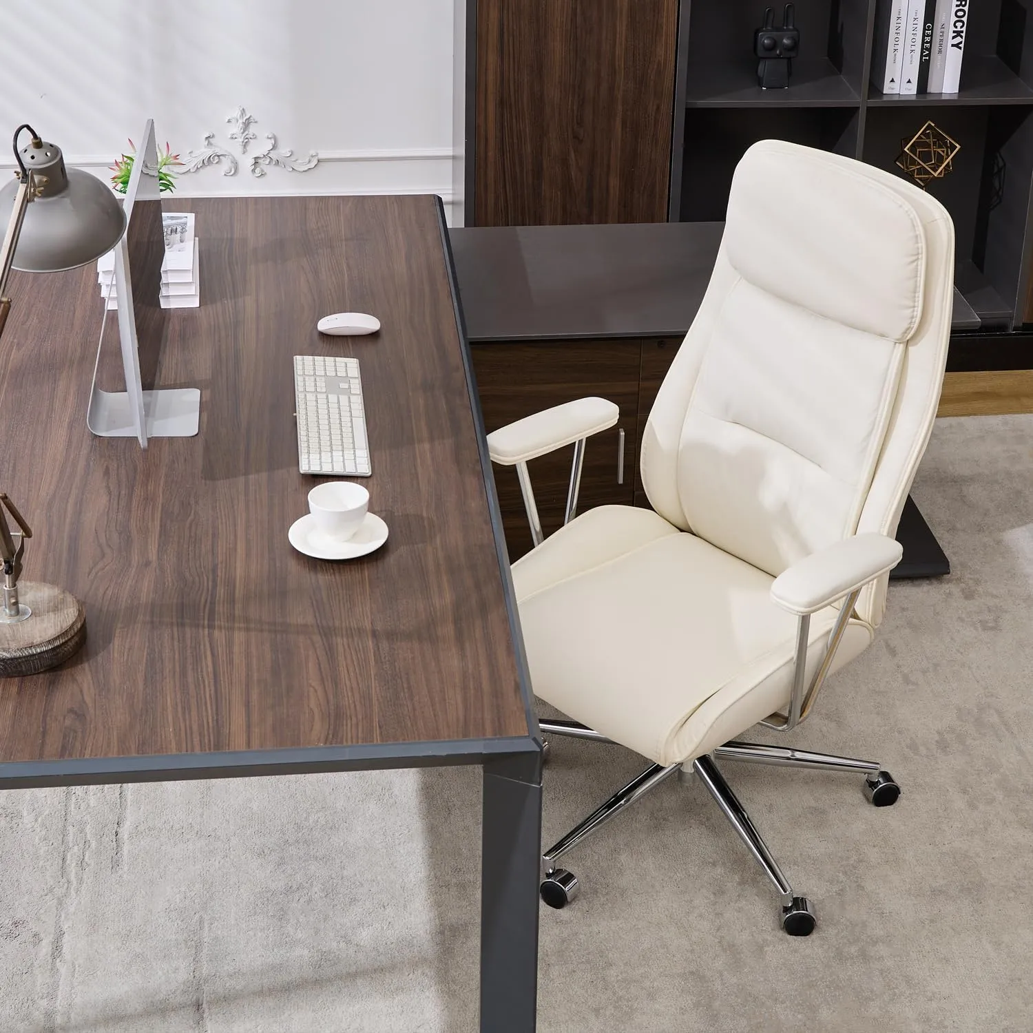 Modern Leather Office Chair,Ergonomic Home Office Desk Chair with Lumbar Support,High Back Swivel Rolling Task Computer Executive Chair,Comfy Conference Room Chairs,330lbs (Cream White)